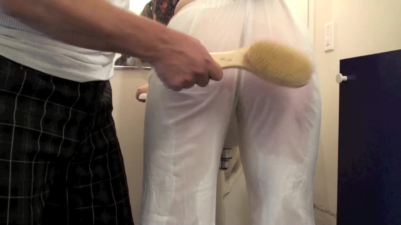 WHITE PANTS CRIMSON BOTTOM - WET BOTTOM SPANKING WITH HAIRBRUSH & BATH BRUSH